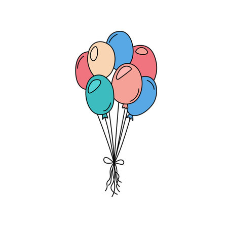 Colorful balloons cute doodles. Birthday party element. Balloon bunch isolated on white background. Vector hand drawn outline illustrationのイラスト素材