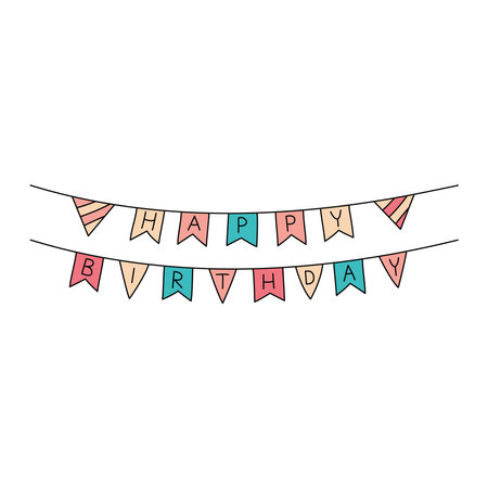Happy birthday flags. Bday party doodles. Vector hand drawn kid hanging banner. Scribble outline illustration of festive birthday garlandのイラスト素材