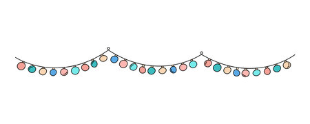 Garland doodle isolated. Glowing light bulbs. Vector hand drawn kid hanging lamps. Scribble outline illustration of festive birthday garland.のイラスト素材