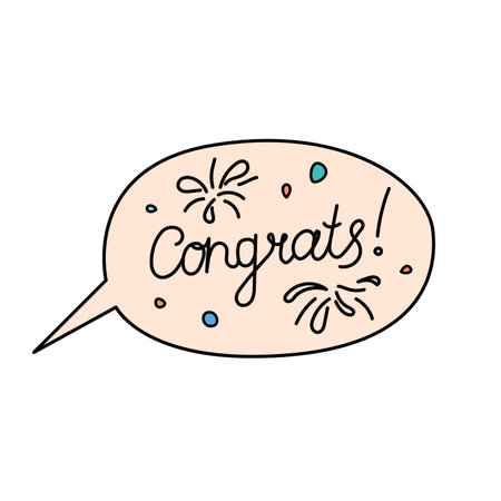 Congrats lettering phrase in speech bubble. Cute simple congratulations for birthday, graduation, holiday or event. Vector hand drawn outline illustrationのイラスト素材