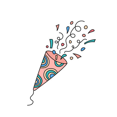 happy birthday cracker. Party popper with confetti. Bday doodles. Vector cute hand drawn illustration. Kids holiday design element.のイラスト素材