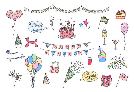 birthday party elements set. Funny doodles. Vector colorful hand drawn kid bday design objects isolated. Cake, party hat, cracker, balloons, congrats. illustration collection.のイラスト素材
