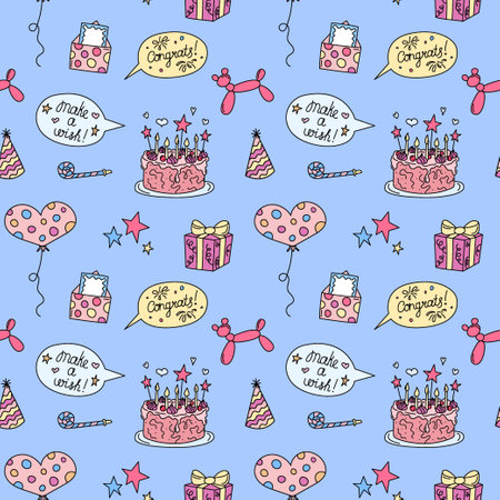 birthday party pattern. Seamless vector background with bday doodles. Funny holiday elements. Colorful hand drawn kid birthday design objects. Repeat illustration.のイラスト素材