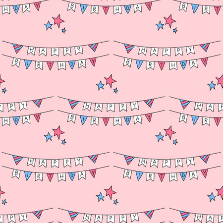Happy Birthday colorful pattern. Vector seamless pink background with bday funny doodle flags garland. Hand drawn repeat illustration.のイラスト素材