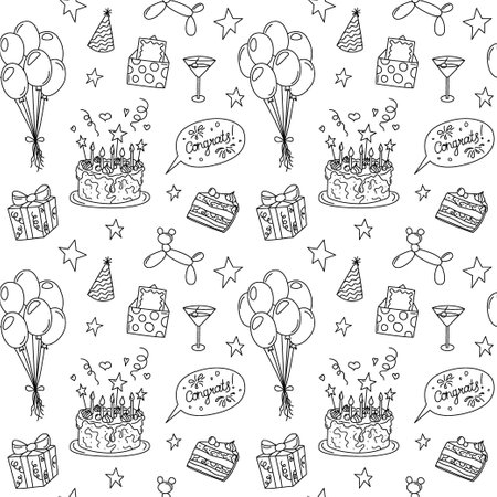 Birthday doodles pattern. Seamless vector black and white background with bday funny doodle elements. Hand drawn repeat illustration.のイラスト素材