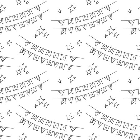 happy birthday pattern. Seamless vector black and white background with bday funny doodle flags garland. Hand drawn repeat illustration.のイラスト素材