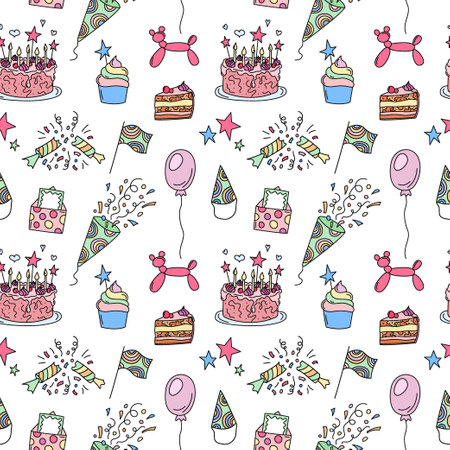 birthday pattern. Seamless vector background with colorful bday party doodles. Funny holiday elements. Hand drawn kid birthday design. Repeat white illustration.のイラスト素材