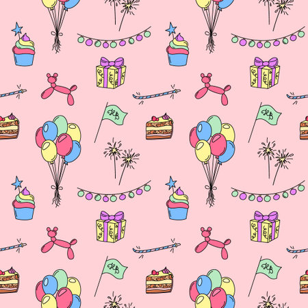 birthday party pattern. Seamless vector background with funny colorful bday doodles. Hand drawn kid birthday repeat illustration.のイラスト素材