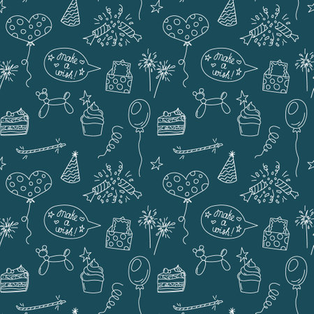 Birthday doodles pattern. Seamless vector background with bday elements. Cute kid pattern.のイラスト素材