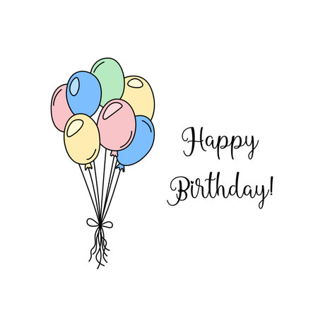 Happy Birthday greeting card. Simple minimalist design. Funny doodles. Birthday party square postcard with holiday balloons. Vector colorful hand drawn kid bday illustrationのイラスト素材
