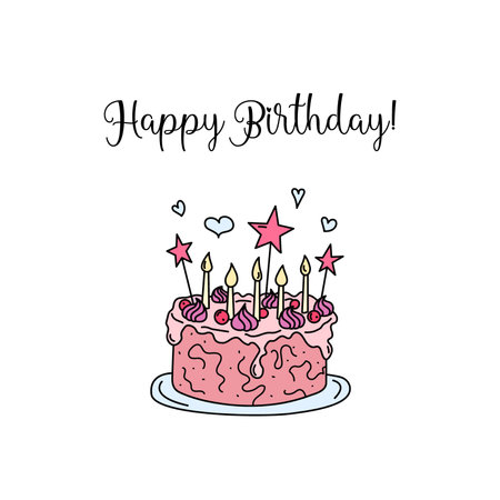 Happy Birthday greeting card. Funny doodle cake with candles. Birthday party square postcard design. Vector colorful hand drawn kid bday illustrationのイラスト素材