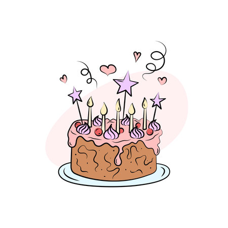 Cute Birthday cake isolated. Vector hand drawn kid birthday pie. Illustration of colorful outline dessert with five candles and creamのイラスト素材