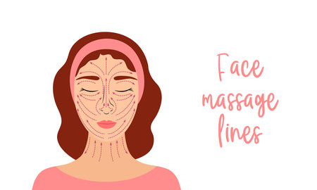 Face massage lines. Vector illustration. Rules of anti-ageing facial massage infographic. Young beautiful woman and dotted arrows. Lifting sculpt procedureのイラスト素材