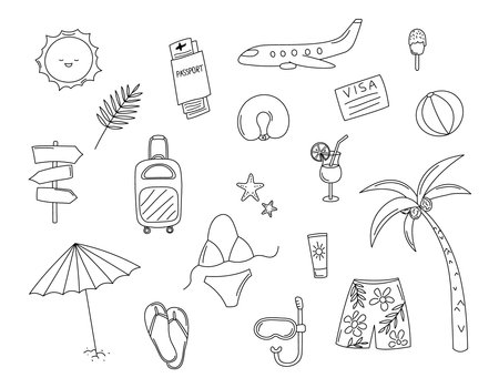 Vacation doodles set. Travel hand drawn elements black and white isolated. Vector illustration with cute scribble summer vacation objectsのイラスト素材