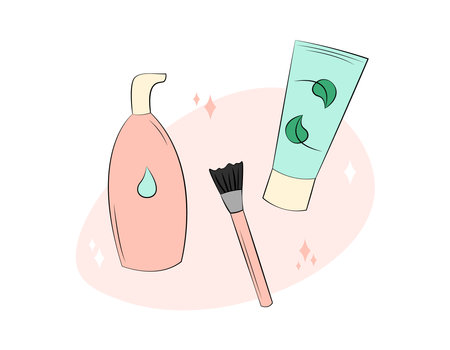 Skin care products. Composition of natural organic cosmetic bottle and tube for skincare, cosmetic brush. Face mask and moisturizing cream. Cute flat vector illustrationのイラスト素材