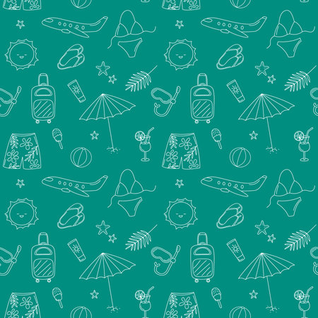Vacation seamless pattern. Vector doodles travel background. Funny hand drawn summer elementsのイラスト素材