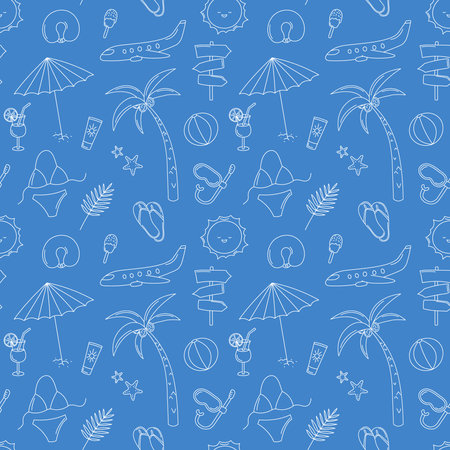 Summer vacation seamless pattern. Vector doodles travel background. Funny blue and white hand drawn beach and trip elementsのイラスト素材