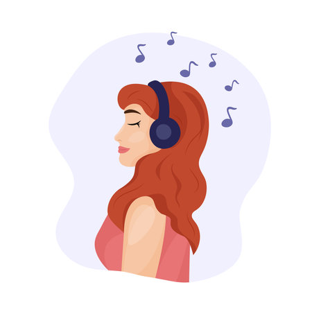 Girl with headphones listening to music. Young adult woman profile and headset, music notes. Smiling girl relaxing and enjoying music.のイラスト素材