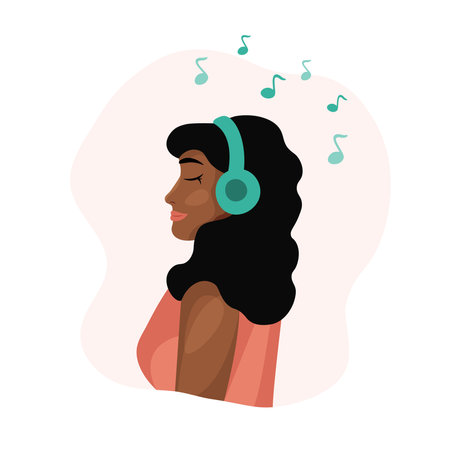 Girl listening to music. Young adult african american woman witn headphones smiling and enjoying musicのイラスト素材
