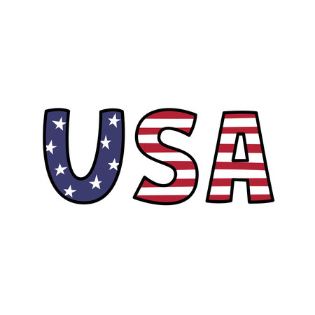 USA Word in American flag style. Vector doodle illustration. United States of America. Letters USA cute hand drawn.のイラスト素材