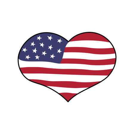 USA flag heart shape. Vector doodle illustration. Symbol of the United States of America. Cute hand drawn style of flag.のイラスト素材