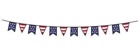 USA flags bunting, streamer. Vector doodle illustration. Decorative party banner in style of United States of America flags. Design element for Independence Day July 4のイラスト素材