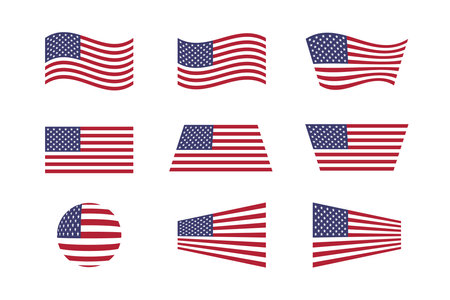 USA flags flat set. Vector illustration. Symbol of United States of America. Round, rectangular, waving flag isolated on white backgroundのイラスト素材