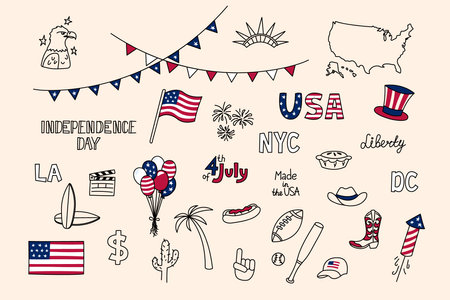 USA doodles set. United States of America vector design elements isolated on white background. Collection of US national symbols. Independence Day. American flag, liberty statue, July 4, eagleのイラスト素材