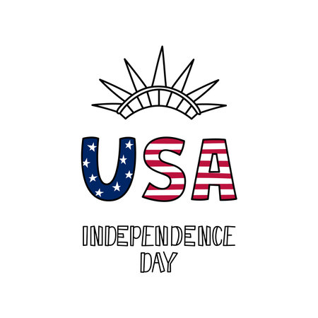 USA Independence Day 4th of July. Vector Doodle greeting card. United States of America flag colors. Illustration of decorative hand drawn elements and letteringのイラスト素材