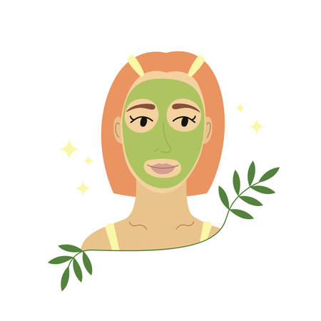 Girl with herbal cosmetic mask applied to face. Young woman using natural facial skin care product. Organic self care. Beauty daily routine. Flat vector illustrationのイラスト素材