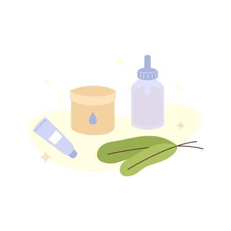 Skin care products composition. Natural skin care. Organic cosmetics set. Eco cosmetic hydrating lotion, moisturizer, serum. Vector flat illustrationのイラスト素材
