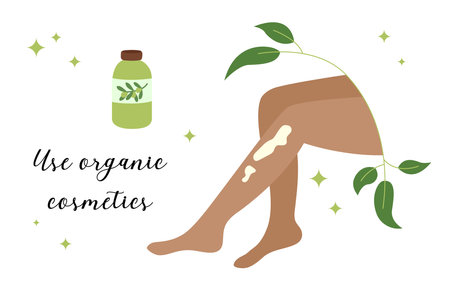 Skin Care card, poster, banner with text Use organic cosmetics. Vector illustration of natural products. Body care conceptのイラスト素材