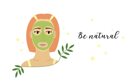 Skin Care card, poster, banner with text Be natural. Vector illustration of organic cosmetic products and young woman with facial mask sheet. Skincare conceptのイラスト素材