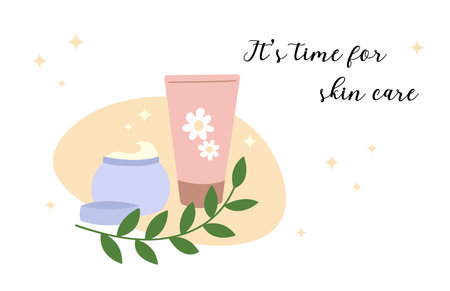 Its time for skin care card, poster, banner with text. Vector illustration of cute hand drawn organic cosmetic products. Skincare conceptのイラスト素材