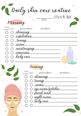 Daily skin care routine check list. Self care to do planner. Vector template with cute hand drawn cosmetics illustrations. Cleansing, exfoliation, moisturizing, serum planning. Printable A5 pageのイラスト素材