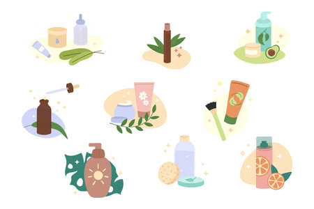 Natural skin care products. Cosmetics for self care daily routine. Organic cosmetic lotion, moisturizer, serum and sunscreen. Vector set of flat illustrationsのイラスト素材
