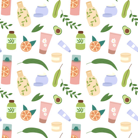 natural skincare pattern. Skin care products white seamless background. organic cosmetics concept. Moisturizer, deodorant spray, cream and leaves. vector illustration.のイラスト素材