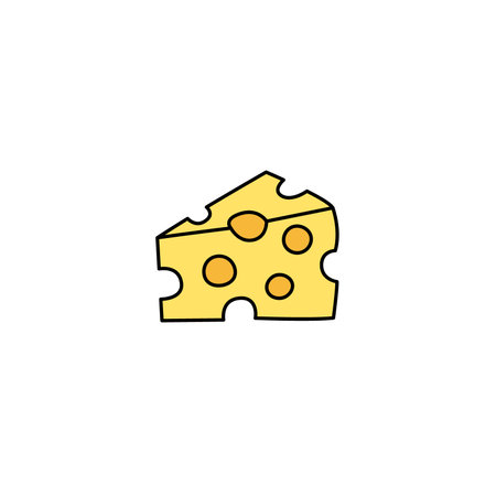Cheese piece doodle element isolated. Vector outline illustration of cheese Maasdam with holes. Hand drawn cute colorful doodles.のイラスト素材