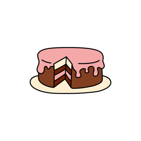 Birthday cake doodle isolated. Vector cute hand drawn holiday pie. Illustration of colorful outline cut cake with cream.のイラスト素材