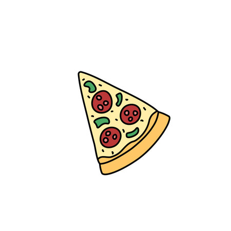 Pizza slice vector doodle element isolated. Outline illustration of fast food piece. Hand drawn cute colorful doodles.のイラスト素材
