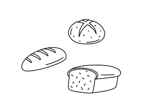 Bread vector doodles set. Food elements isolated black on white background. Hand drawn outline illustration of wheat and rye bread. Hand drawn cute doodle drawings.のイラスト素材