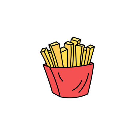 French Fries vector doodle element isolated. Outline illustration of traditional fries box. Fast food potato meal. Hand drawn cute colorful doodles.のイラスト素材