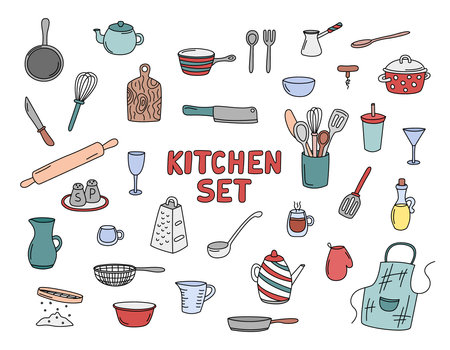 Kitchen doodles vector set of isolated elements. Cute doodle illustrations collection of cooking utensils. Hand drawn kitchenware for home. Colorful outline dishes, cutlery, cookwareのイラスト素材