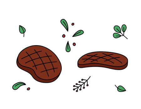 Beef steaks vector doodles set. Cooked pieces of meat isolated on white background. Hand drawn outline illustration of grilled BBQ steaks and natural seasoning leaves.のイラスト素材