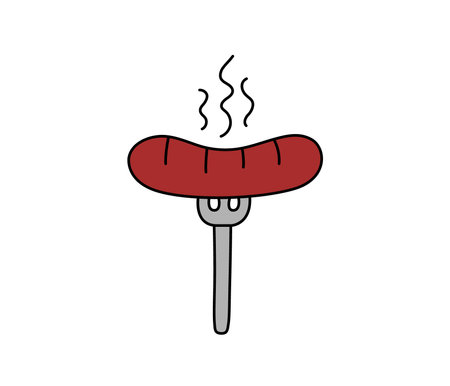 Hot sausage on fork vector isolated doodle element. Outline illustration of meat food. Hand drawn cute colorful doodles.のイラスト素材
