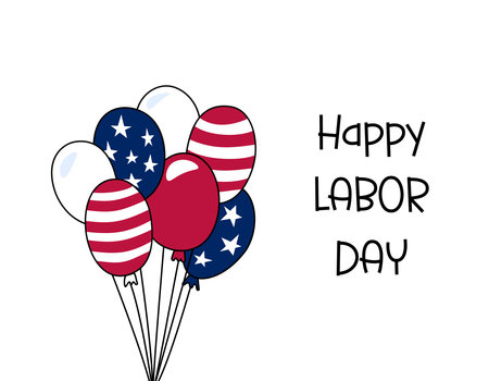 Happy Labor Day greeting card, poster, banner. American Labor Day celebration. Text and doodle balloons in colors of USA flag. vector illustration.のイラスト素材