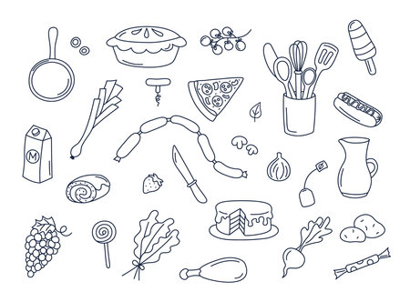 Culinary doodles vector set of isolated cooking elements. Doodle illustrations collection of utensils, kitchenware, food, ingredients, kitchen objects. Fruits, vegetables, bakery on white background.のイラスト素材