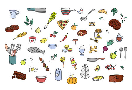 Cooking doodles, kitchen elements vector set. Cute colorful doodle illustrations collection of utensils, kitchenware, food, meal ingredients. Outline fruits, vegetables, bakery, cookware.のイラスト素材