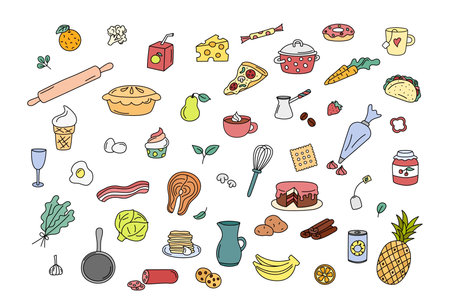 Cooking doodles, kitchen elements vector set. Cute colorful doodle illustrations collection of utensils, kitchenware, food, meal ingredients. Outline fruits, vegetables, bakery, cookware.のイラスト素材