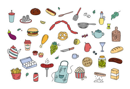 Cooking doodles, kitchen elements vector set. Cute colorful doodle illustrations collection of utensils, kitchenware, food, meal ingredients. Outline fruits, vegetables, bakery, cookware.のイラスト素材